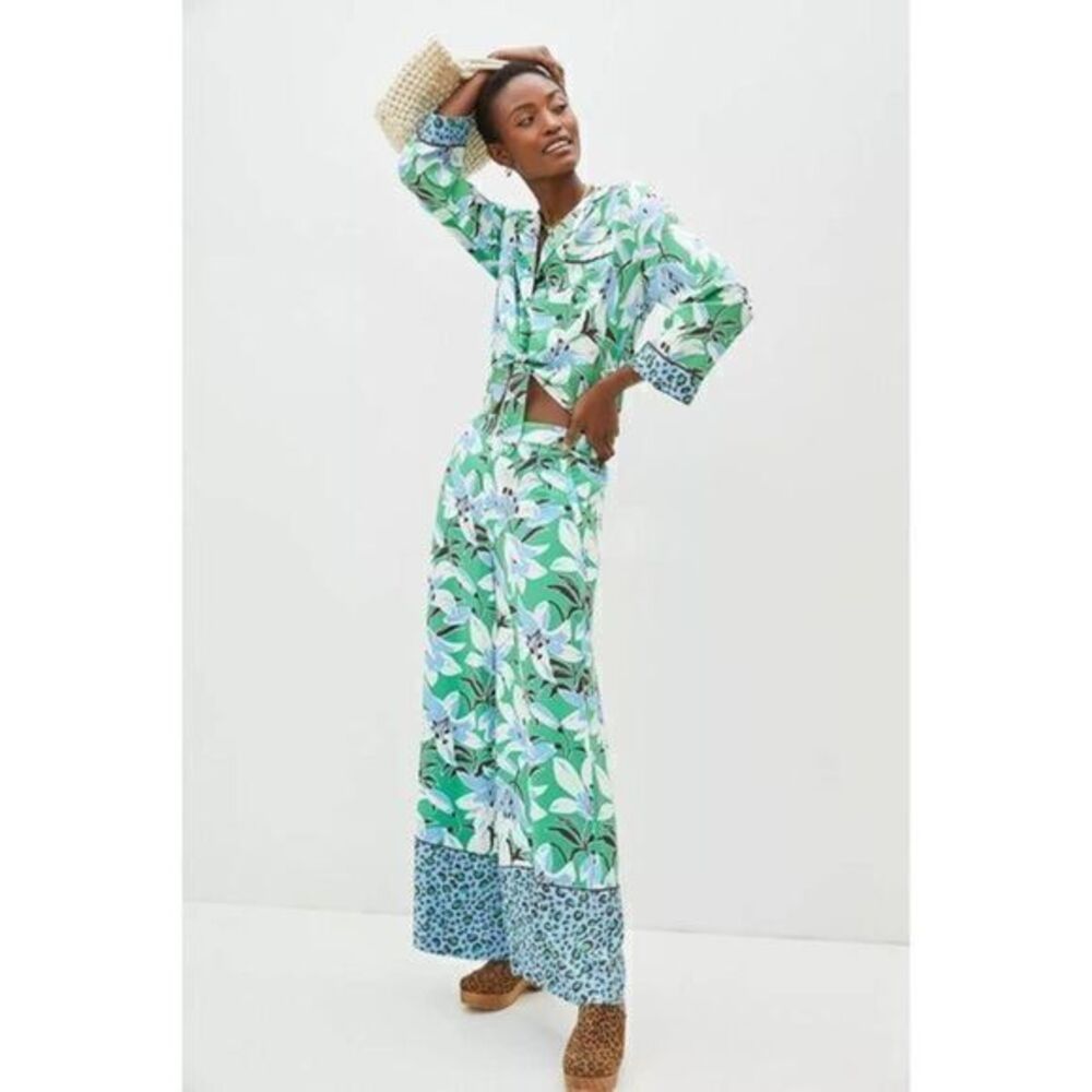 ANTHROPOLOGIE Maeve Green Floral Pant and Shirt Set